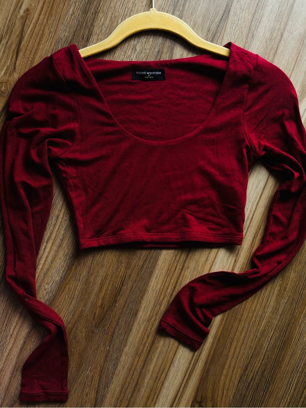 Naked Wardrobe Burgundy Red Long Sleeve Crop Top XS Soft Bodycon Stretch